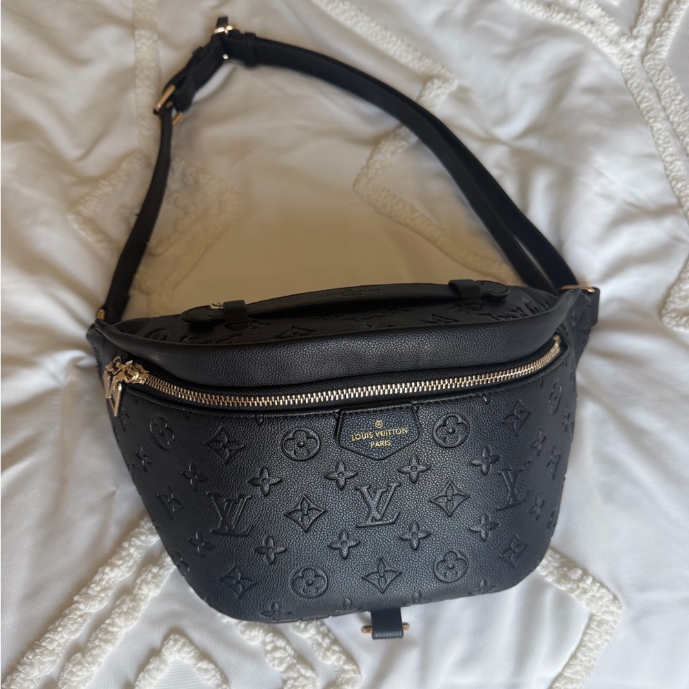 Black Monogram Embossed Crossbody Bumbag with Gold Hardware
